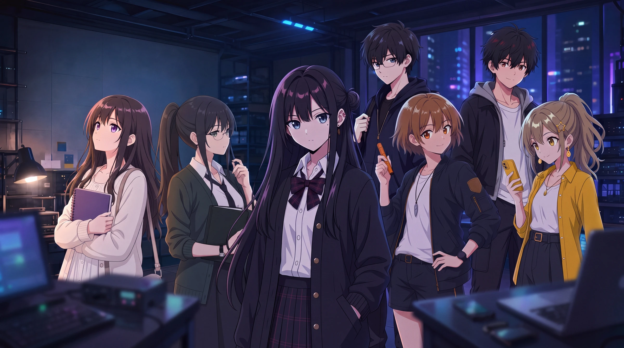 夜のラボに集う『アキバ・リライト』の7人のキャラクター